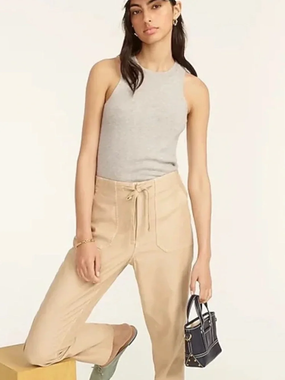 J CREW High Rise Tie Waist Camp Pants in Khaki Size Small Tall